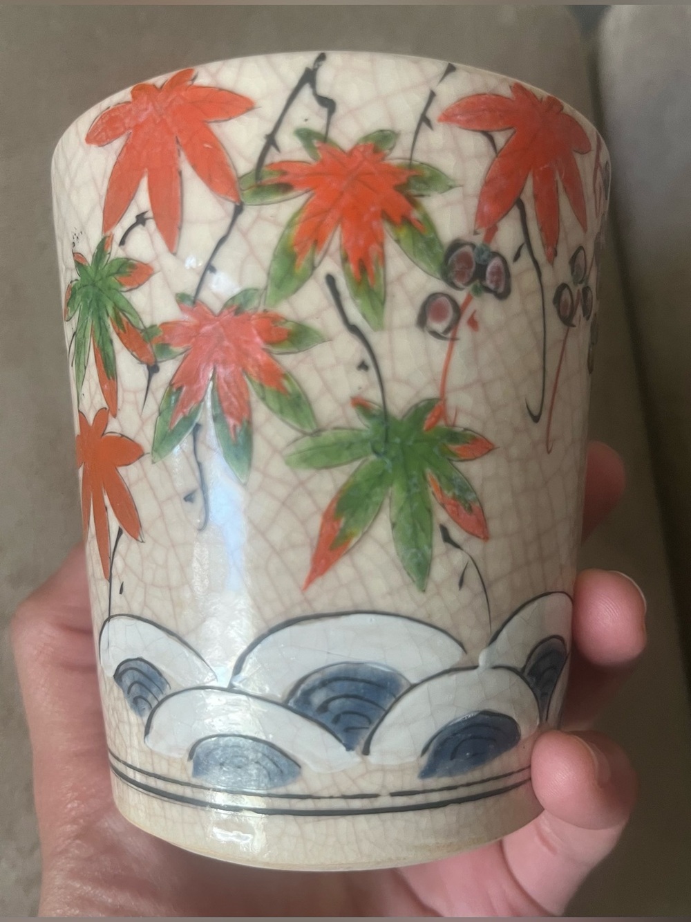 Vintage Japanese Yunomi Tea Cup Signed Maple Crackle Glaze